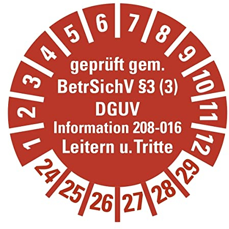 100 Stück - Prüfplakette Mehrjahresprüfplakette geprüft gemäß Leitern/Tritte, BetrSichV §3 | 24-29 Etikett Folie Aufkleber, rot | Ø15-40mm Made in Germany, Größe: Ø30 mm