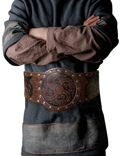 HiiFeuer Viking Embossed Wide Belt, Nordic Faux Leather Armor Belt Knight Corset Belt, LARP Costume (Brown B)