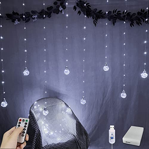 YOLIGHT Wishing Ball Curtain Lights 200 LED Window Curtain Lights with Remote, USB Battery Powered Twinkle Globe Fairy Lights for Wedding Party Bedroom Christmas Decoration (White)