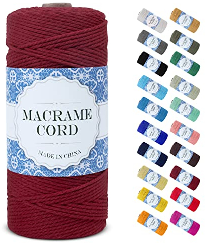 Uiopa Makramee Garn 2mm x 200m, Natürliche Baumwollgarn Baumwollkordel Farbig Baumwollschnur, Makramee-Garn Geflochten für DIY Basteln, Hängepflanze, Wandbehang, Weben Dekoration (Weinrot)