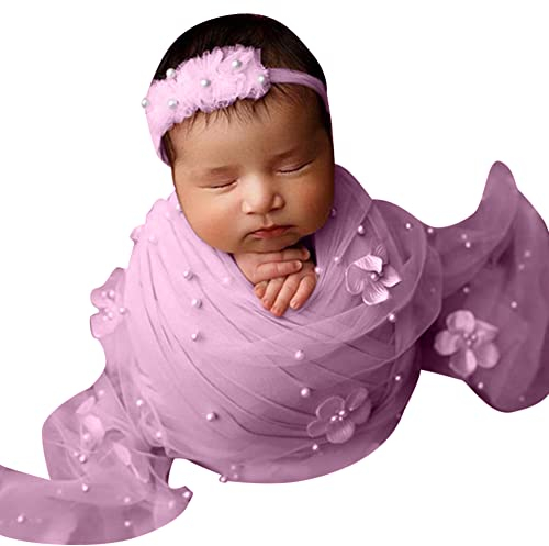 Baby Neugeborenen Foto Requisiten Wraps mit Stirnband,Baby Decke Chiffon Schal für Jungen Mädchen Newborn Wrap Baby Fotoshooting Lange Wrap für Baby Fotografie Foto-Matte Decken Baby Fotografie Props