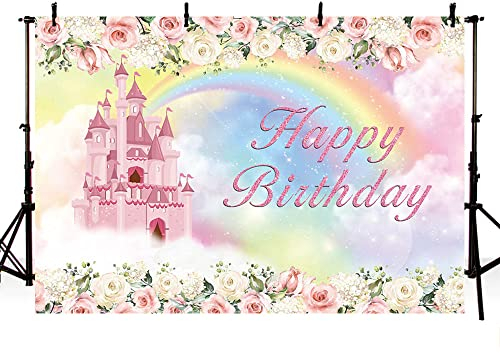 MEHOFOND 2,1 x 1,5 m Pastell Mädchen Geburtstags Foto Hintergrund Regenbogen Schloss Rosa und Weiße Blume Giltter Cloud Prinzessin Fotografie Hintergrund Kinder Party Banner Kuchen Tisch Dekoration