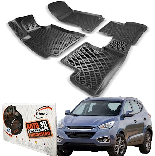 Trimak Passgenau 3D Fussmatten Auto Kompatibel mit Hyundai ix35 2009-2015 Auto Zubehör 1. Und 2. Reihe Gummimatten Autos TPE Allwetter Geruchlos rutschfest Vorne und Hinten Schwartz