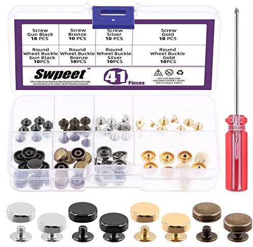 Swpeet Set di 41 rivetti a vite in 4 colori, 40 piedini rotondi per borsetta, borchie in metallo con cacciavite, oro, argento, bronzo, pistola, metallo nero, testa piatta, rivetti per borse in pelle