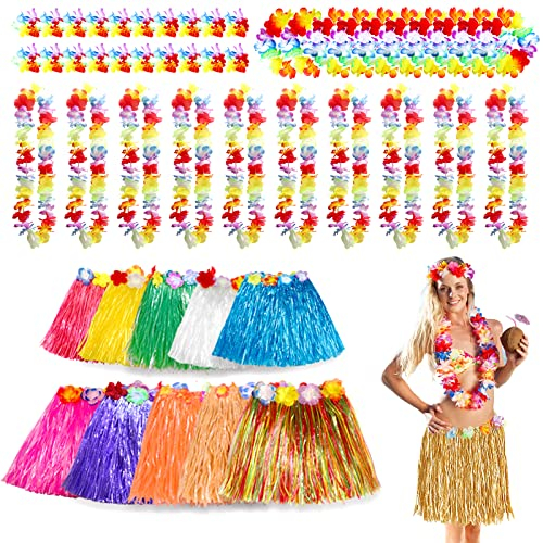 Gukasxi Lot de 50 jupes hawaïennes en herbe hula et guirlandes hawaïennes, 10 jupes hawaïennes, 10 colliers hawaïens, 10 colliers de fleurs Luau et 20 bracelets tropicaux, cadeaux de fête hawaïens