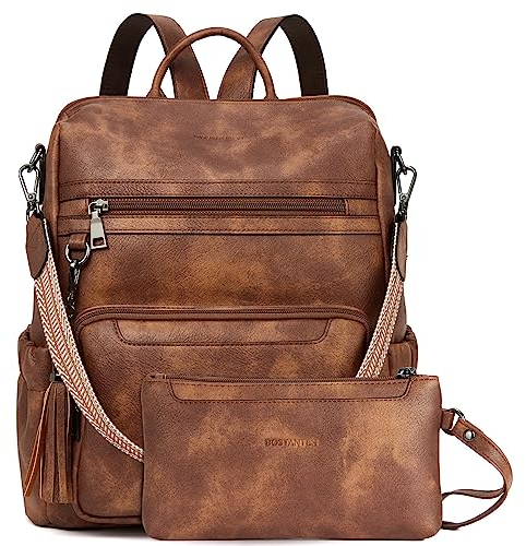 BOSTANTEN 2 Pieces Leder Rucksack Damen Freizeitrucksack Reise Handtasche Rucksackhandtasche Tagesrucksack mit Handgelenktasche Braun
