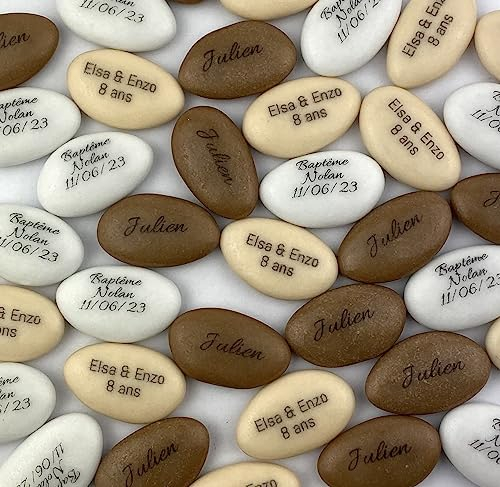 Dragées chocolat personnalisées avec votre texte 400g variation taupe ivoire et blanc - pas cher - environ 150 dragées 71% de cacao - Fabrication artisanale en France
