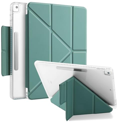 MuyDoux Hülle Origami für iPad 10,2 Zoll 9. 8. 7. Generation 2021/2020/2019 mit Stifthalter, 5-in-1 Mehrere Betrachtungswinkel, mit Magnetverschluss, Glasklare Durchsichtig Acryl Rückseite, Nachtgrün
