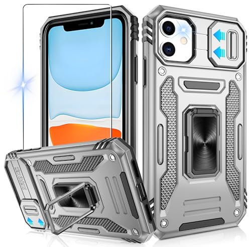 Jshru for iPhone 11 Phone Case with Slide Camera Cover [Upgrade],Military Grade Shockproof iPhone 11 Case with Ring Kickstand, Anti-Scratch Armour Phone Cover for iPhone 11 (6.1 inch),Grey