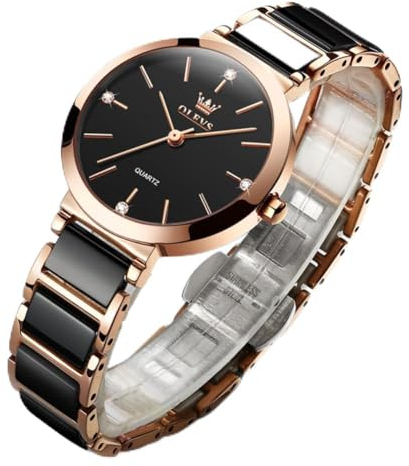 OLEVS Uhren für Frauen, wasserdicht, Quarz, Damenuhren, Keramik, Edelstahl, Uhrenarmband, Montre Femme, elegantes Geburtstagsgeschenk, für Damen, Mädchen, Roségold Schwarz, Armband