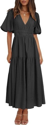 MessBebe Women's Summer Maxi Dress Puffy Sleeve V Neck Boho Party Beach Tiered Ruffle Flowy Long Smocked Dresses Black