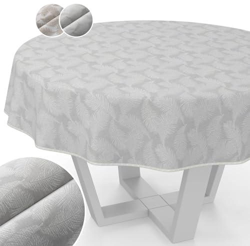 Tischdecke Stoff abwaschbar Lurex Tischtuch Tafeldecke Teflon beschichtet pflegeleicht Lotuseffekt schmutz- & wasserabweisend Kate Floral Blätter Rund 120cm mit Saum (Eingefasst) Silber
