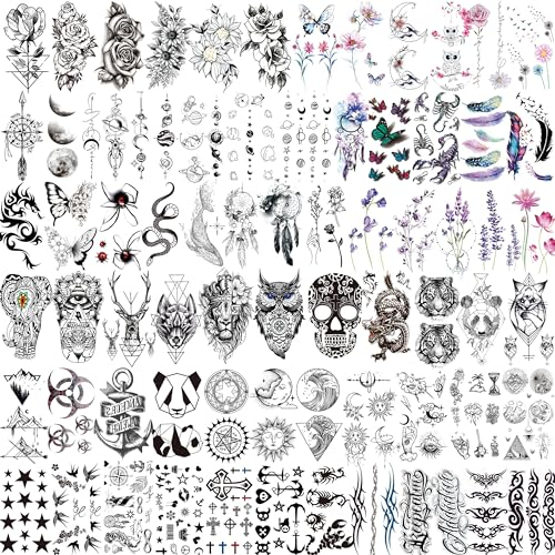 71 Blatt 3D Klein Temporäre Tattoos Damen Frauen Herren Kinder Hände Arm Finger, Blumen Lavendel Stern Feder Vögel Eule Fake Tattoos zum Aufkleben haut klebetattoos Erwachsene Anker Mond Kreuz Drache