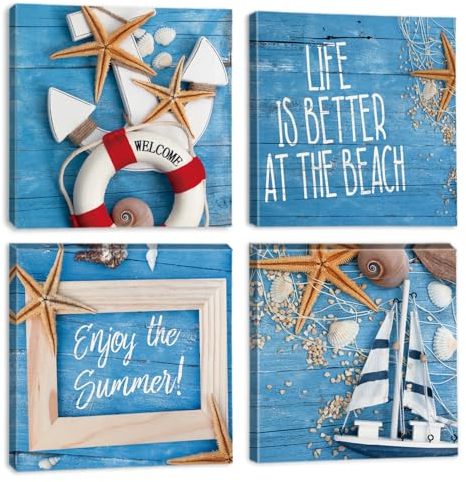 Sungeek 4 Teilig Leinwandbilder mit Holzrahme, Leinwanddruck Bilder 30 x 30 cm, Moderne Wandbilder Kunstdruck Wand Dekoration für Wohnzimmer Schlafzimmer Home Büro Esszimmer (Nautisch)