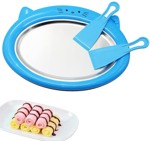 Iceten Ice Cream Roll Maker with 2 Scrapers - Cute Cartoon Ice Cream Roller Pan, Make Easy Ice Cream Rolls for Homemade Rolled Cream Frozen Yogurt Gelato Sorbet at Home(Blue)