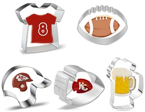 DXary Football Cookie Cutter Set, Stainless Steel Metal Football Helmet and T-Shirt Cookie Cutters for Sport Themed Biscuits Molds Football Party Cake Decorations (5, silver, medium)