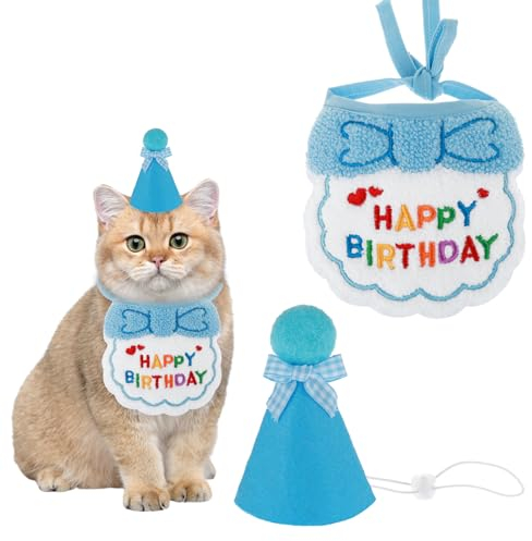 Andibro Haustier Katze Hund Happy Birthday Bandana Schals,Niedlich Party Hut Mini Besticktes Cat Dog Geburtstag Party Dekoration Haustier Kostüme Kopfbedeckung Zubehör Dekorationen(Blau)