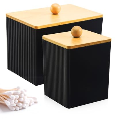 2 Stück Wattepadspender mit Bambusdeckel, Acryl Wattepads Aufbewahrung, Multifunktional Wattestäbchen Behälter Schwarz, Badezimmer Organizer für Wattestäbchen Wattepads Cotton Pads Wattebällchen