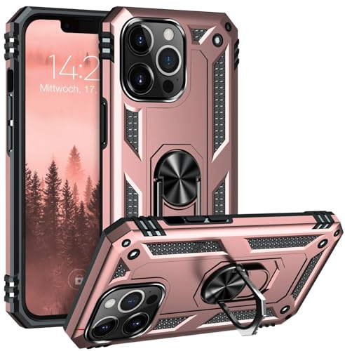 LBH Outdoor Hülle für Apple iPhone 13 Pro Max Armor Militär Stoßfest Handyhülle 360 Grad Metal Ring Halter Ständer Schutzhülle für Handyhalterung Auto Magnet Rosegold