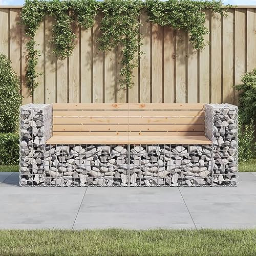 KLYEON Gartenbank aus Gabionen 184x71x65,5 cm Massivholz Kiefer,Rustikale Gartenbank aus Kiefernholz mit GabionSockel für stabiles und gemütliches Sitzen im Garten Terrassen Sitzmöbel