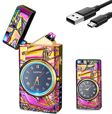 SKRFIRE Vintage Metall Feuerzeug mit Uhr - Elektrisches Lichtbogen-Sturmfeuerzeug, USB Aufladbar, Coole Feuerzeuge mit Segelschiff Gravur, Ideal für Abenteuer und Outdoor (Mehrfarbig-Segelboot)