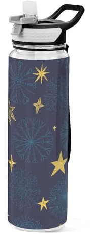 Mnsruu Transparente Sport-Wasserflasche mit Strohhalm, auslaufsichere Trinkflasche, niedliche Winter-Schneeflocken und Sterne, marineblau, Vintage-Fahrradflaschen für Sport, Büro, Schule, BPA-freier