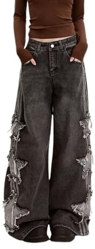 PEAINJ Star Jeans for Women Girls Baggy Cute Patchwork Denim Pants Y2k High Waisted Jeans Grunge Aesthetic Clothes Black-M