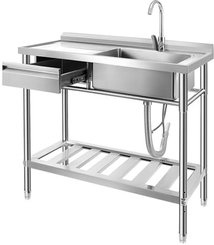Trintion Freistehende Edelstahl Spültisch, 1 Becken mit Linke Schublade, Gewerbliche Spülbecken mit Wasserhahn, Kalt und Warmwasserschläuchen,für Waschküche,Bauernhaus, Innen- und Außenspüle (99cm)