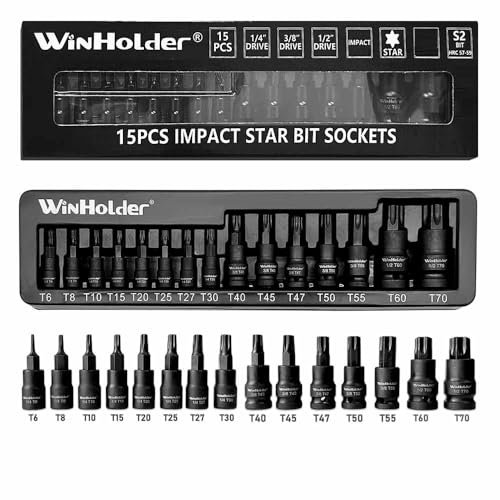 WinHolder 15pc Impact Torx Bit Socket Set 1/4 3/8 1/2 T6-T70 TRX-Star
