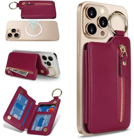 Zouzt für MagSafe Wallet, Magnetischer Handy Kartenhalter Reißverschluss, Zipper Wallet mit verstellbarem Ständer, Ring Schlüsselanhänger for iPhone 16e/16 Pro Max/15/14/13/12, Dunkelrot