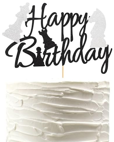 Arthsdite 1Pc International Chess Cake Topper Baby Shower Board Game Theme Decor Supplies Boys Girls Happy Birthday Cake Decorations Supplies - Black Silver Glitter
