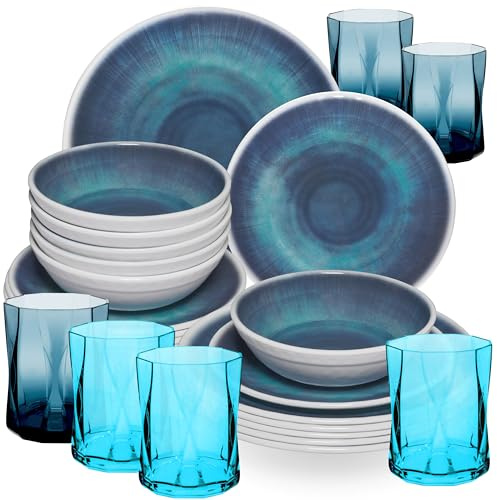 Melamin Geschirr Set Jesolo Blau für 6 Personen Wohnwagen Camping Picknick