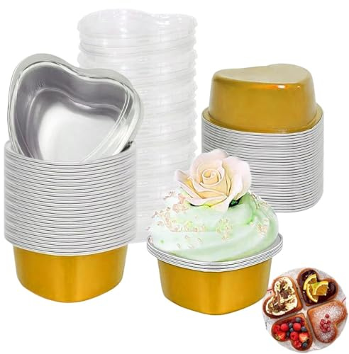 Herz-Backform in Herzform aus Aluminium, Cupcake-Backblech | 50 Einweg-Herzformen mit stabilem Rand | Mini-Muffin-Backformen
