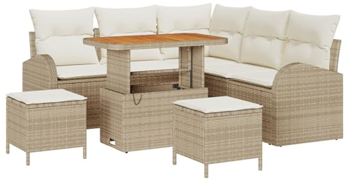 vidaXL 8-teiliges Garten-Sofa-Set mit Kissen in Beige, aus Poly Rattan und Akazienholz. Modernes Design, modulare Sitzgelegenheiten, wetterfest, verstellbare Füße – perfekt für die Terrasse!