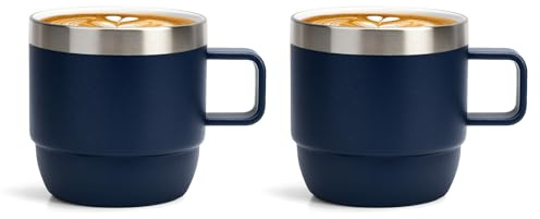 Zenbo 6 oz Espresso/Coffee Mug with Handle, Double Wall Vacuum Insulated 18/8 Stainless Steel Ceramic Lined Cups, Coffee, Tea, Hot & Cold Drinks, No Sweat, Dishwasher Safe（Navy-2Pack）