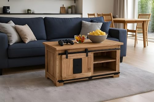 SAM Couchtisch Libro II 110x45x50 cm, Akazie Natur, Sofatisch | mit Holzschiebetür & 4 offenen Fächern, Türelemente & Reling aus Eisen, Akazienholz naturfarben & massiv