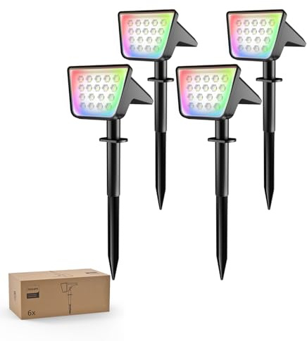 Philips 4 Packs Solar RGBW Spot Lights Outdoor, 18 LED Solar Powered Landscape Lights, 9 Lighting Modes Color-Changing Dusk to Dawn Waterproof Pathway Spotlights for Garden Trees Halloween Christmas