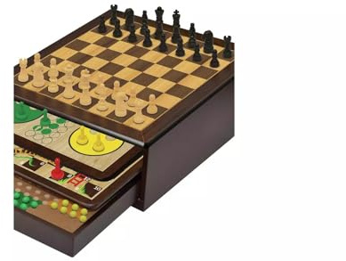 Deluxe 10-in-1 Wooden Board Games Set, Chess and Multi-Game Collection with Storage Drawers, Brown