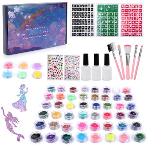 hommova Glitter Tattoos for Kids, 52 Colours Temporary Glitter Tattoo Kit Including 207 Stencils 240 Rhinestones 3 Glue 5 Brushes for Girls Gifts