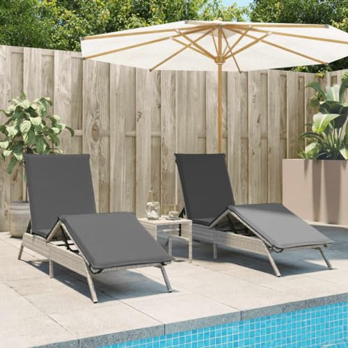 Frdhee Bodenliege, Sonnenliegen 2 STK. mit Tisch Hellgrau Poly Rattan Strandstuhl für Balkon, Terrasse, Camping