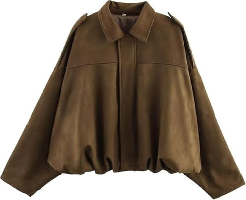 Women's Faux Suede Bomber Jacket Casual Pilot Coat Oversized Spring Fall Batwing Long Sleeve Streetwear Outwear (UK, Alpha, S, Brown)