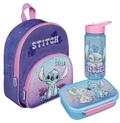 Kindergartenrucksack Disney Stitch Mädchen mit Brotzeitdose Trinkflasche - Personalisiert mit Name - Set Kinderrucksack mit Brotdose Trinkbecher Kita Kindergarten