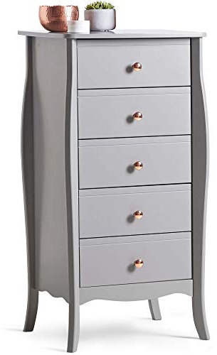 BTFY Grey Chest of Drawers for Bedroom - Tall Bedroom Cabinet - Baroque Tall Boy Clothes Storage with 5 Drawers - Narrow Vintage Style Dresser with Curved Legs & Rose Gold Handles - Grace