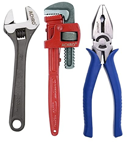 ACHRO Combo Pack of 3 Tool Kits Set for Home (Contains 8 Inch Adjustable Spanner, 8 Inch Combination Plier, 10 Inch Pipe Wrench), Regular Packing