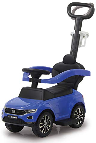 JAMARA 460462 - Rutscher VW T-ROC 3in1 - Kippschutz, Kofferraum, Schub-und Haltestange mit Lenkfunktion, Rückenlehne, seitlichen Schutzbügel, ausziehbare Fußauflage, Sound/Hupe am Lenkrad, blau