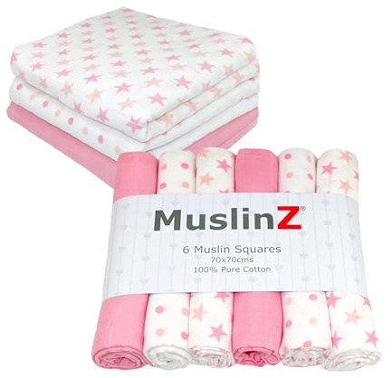 MuslinZ 6pk Baby Muslin Quadrate Burp Tücher 100% Reine weiche Baumwolle 70x70cm rosa Sterne