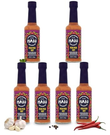 MAHI Hot Chilli Sauce - Peri Peri Hot Spicy Sauce | 6x Pack | Vegan & Gluten Free | No Artificial Colours or Flavours | Sweet & Smoky With Peri Peri Peppers from South Africa (6x 165g Bottles)