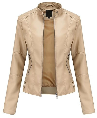 YYNUDA Giacca in pelle da donna, corta, per le mezze stagioni, in ecopelle, con chiusura lampo, per autunno（Beige L）