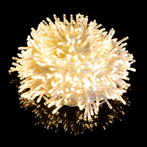 Nataland Catena Luminosa 500 Led – 30 Metri Da Interno Ed Esterno, Serie Trasparente Con Controller 8 Funzioni, Per Illuminazione Casa, Vetrine e Albero di Natale (Bianco Caldo, 500 Led - 30 Metri)