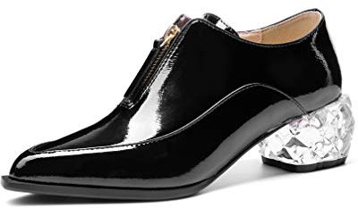 TinaCus Patent Leather Women's Handmade Pointed Toe Unique Transparent Mid Heel Zip Up Stylish Pumps, Black, 12